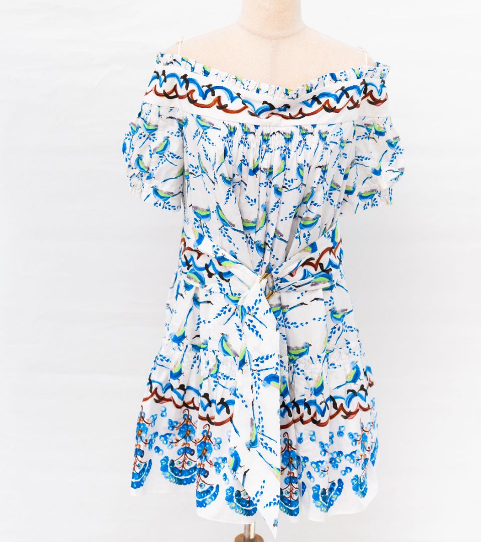 Peter Pilotto Bird Print Off-The-Shoulder Dress in White Cotton