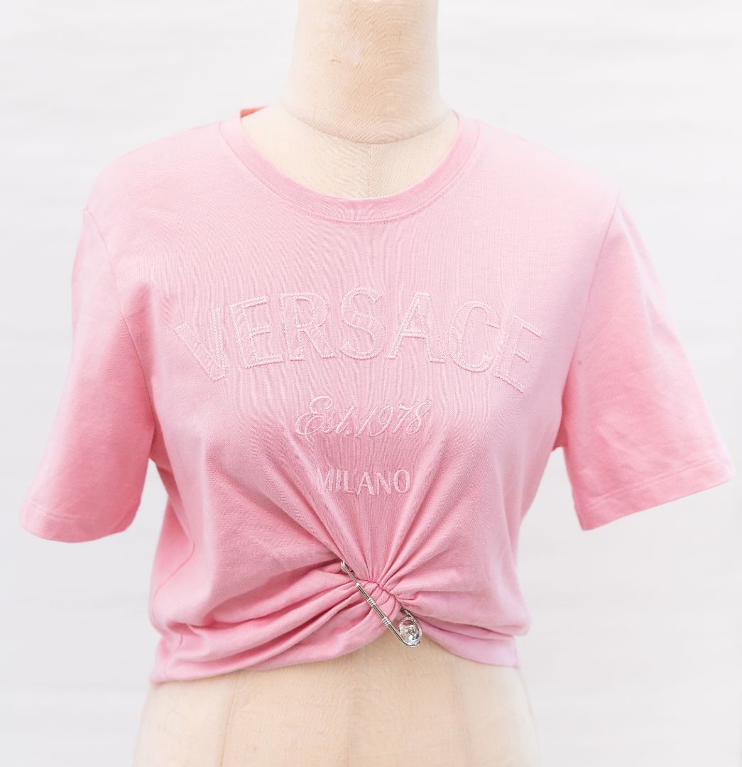 Versace pink crop knot shirt with silver pin detail