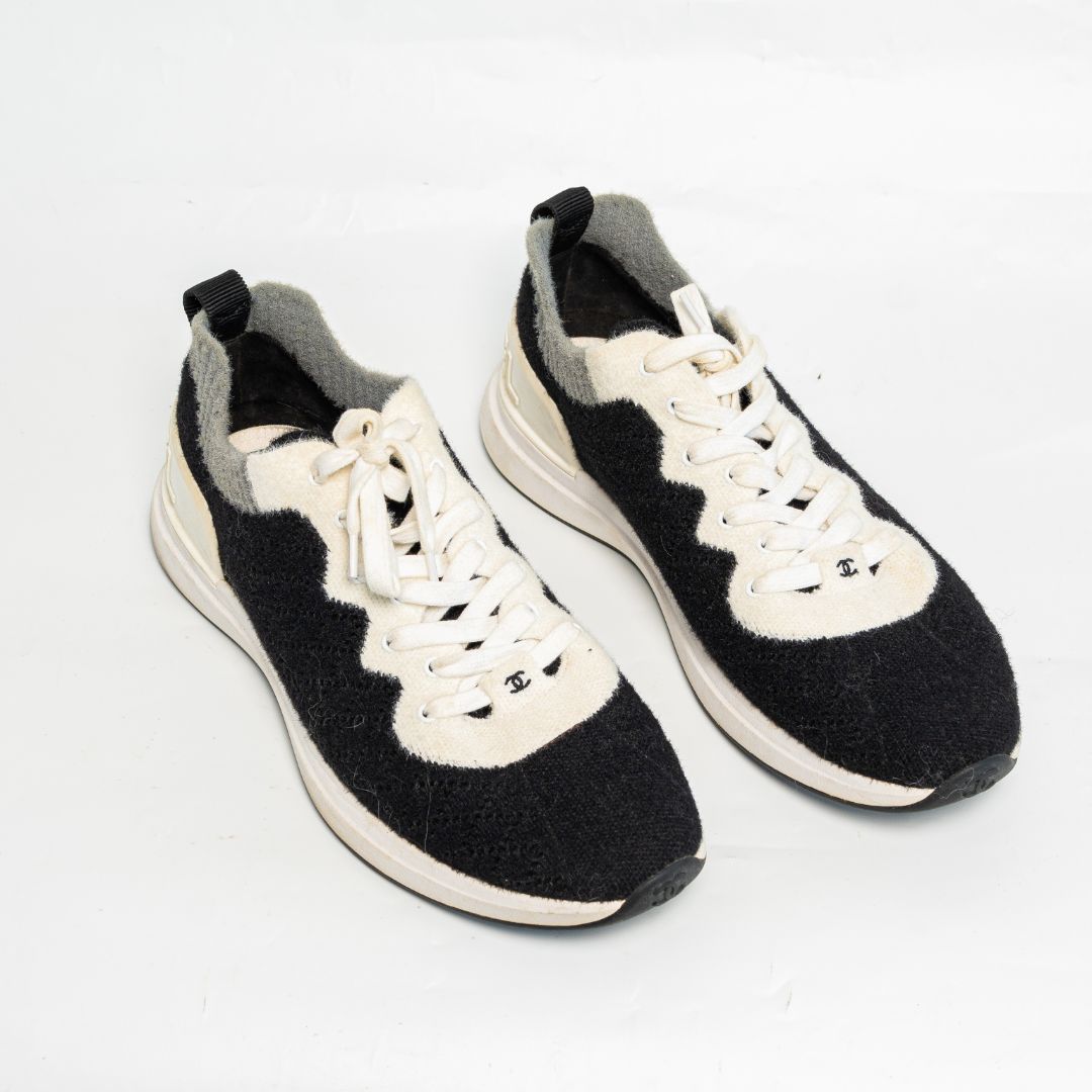 Chanel Mixed Fabrics Knit Sneakers, Black,grey white, size 45