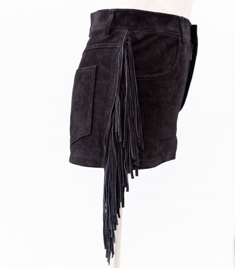 Saint Laurent Fringe Mini Shorts in Dark Brown Suede