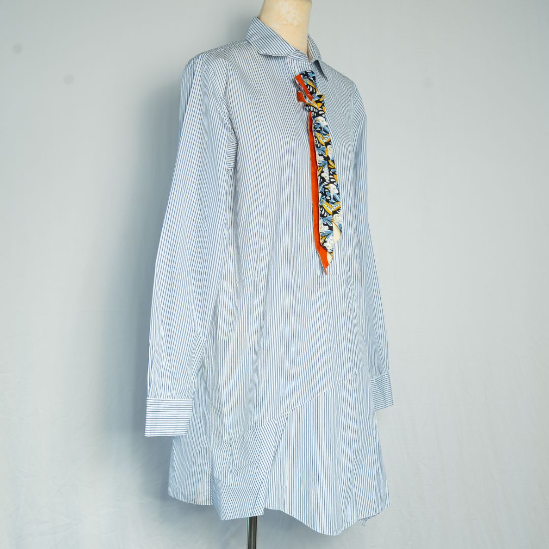 Christian Dior White and Blue pin striped shirt dress with silk scarf - BOPF | Business of Preloved Fashion Christian Dior White and Blue pin striped shirt dress with silk scarf - BOPF | Business of Preloved Fashion