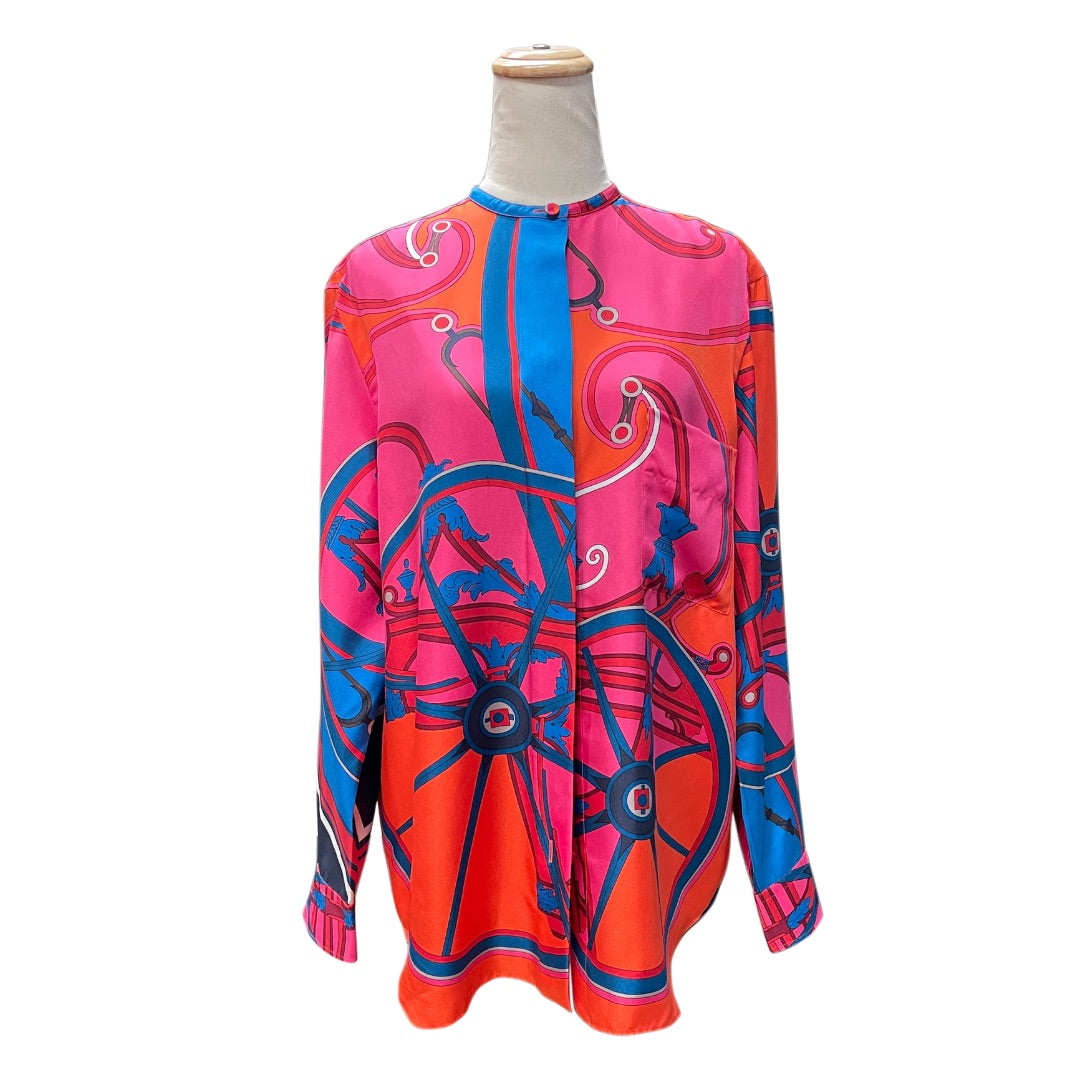 Hermès Multicolour Printed Detail Silk Button Shirt Size 40