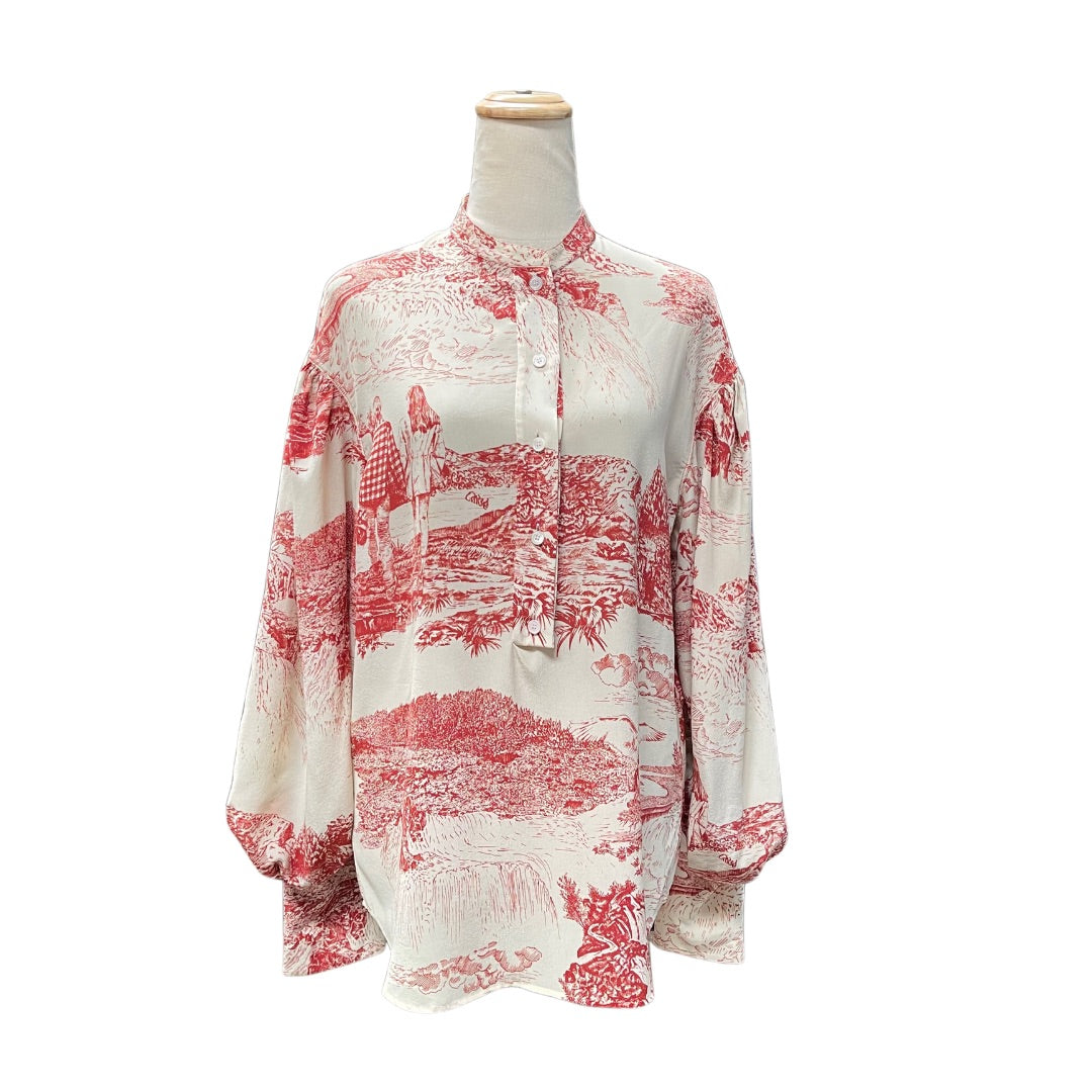 Chloé Beige & Red Toile de Jouy 2019 Print Button Up Shirt