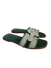 Hermes Green Green/Beige Leather and Canvas Fringe Oran Sandal