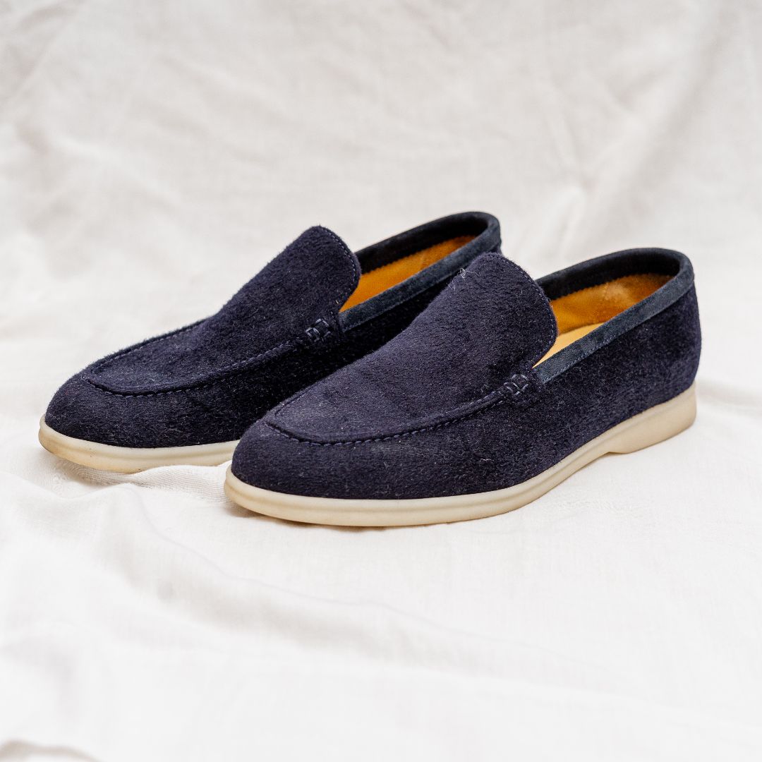 Loro Piana Navy Wool Summer Walk Slip On Loafers