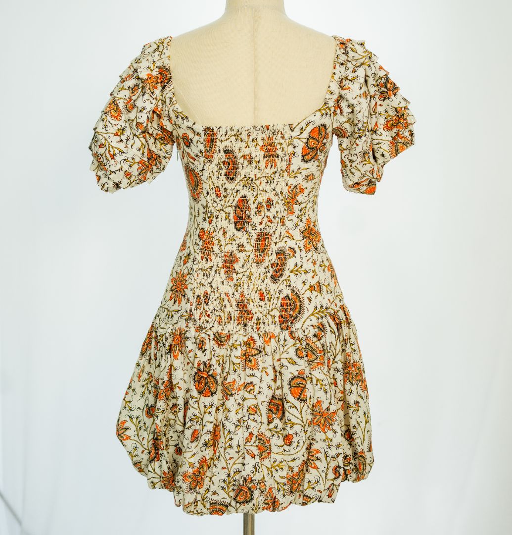 Alemais Floral Printed Beige/ Red Puff Sleeve Mini Dress