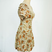 Alemais Floral Printed Beige/ Red Puff Sleeve Mini Dress
