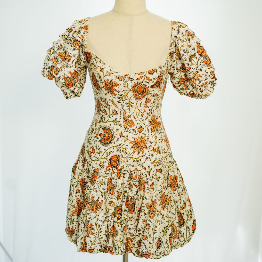 Alemais Floral Printed Beige/ Red Puff Sleeve Mini Dress