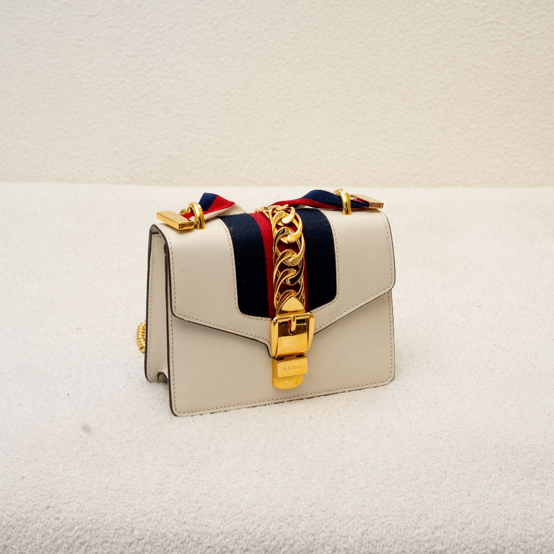 Gucci White Leather Small Web Sylvie Shoulder Bag