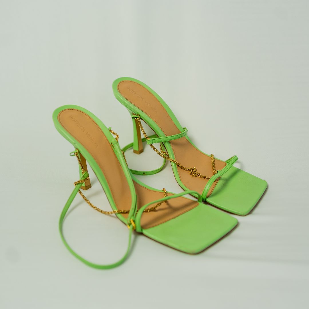Bottega Veneta Green Leather Stretch Square Ankle Strap Sandals, 41