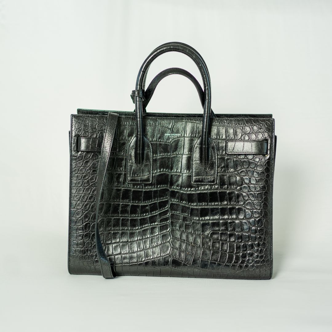 Saint Laurent Sac de Jour Tote Black Croc Embossed Bag