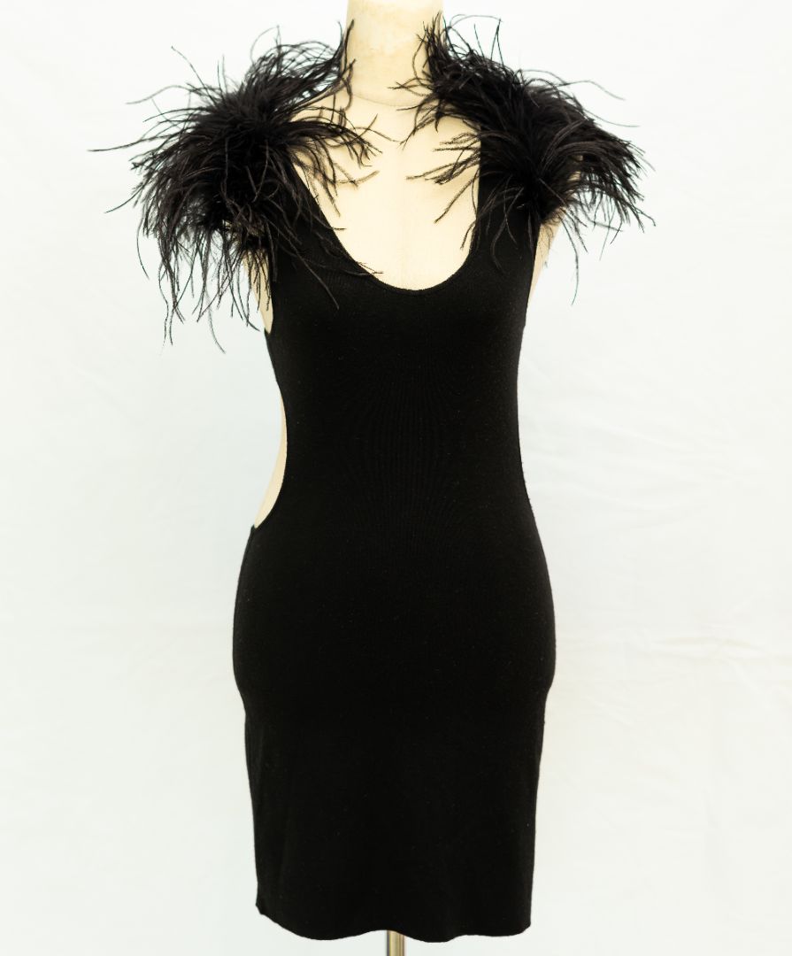 Saint Laurent Black Wool Mini Dress with Ostrich Shoulder Detail - BOPF