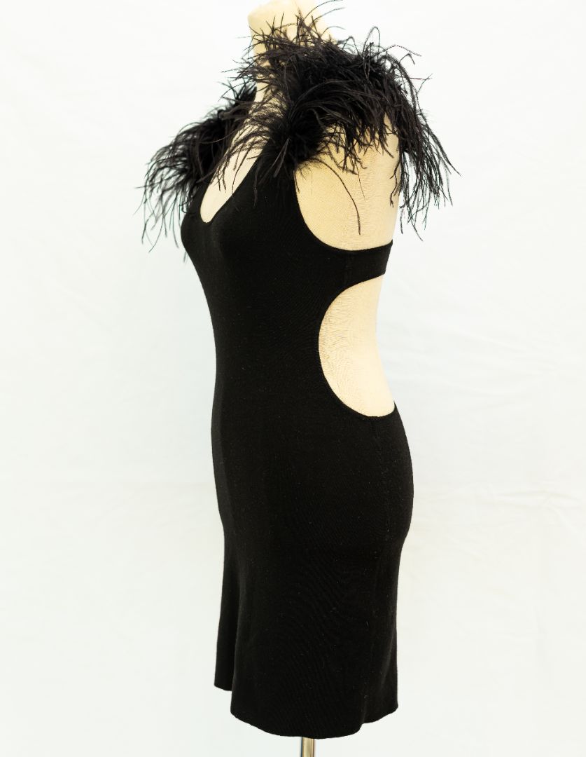 Saint Laurent Black Wool Mini Dress with Ostrich Shoulder Detail