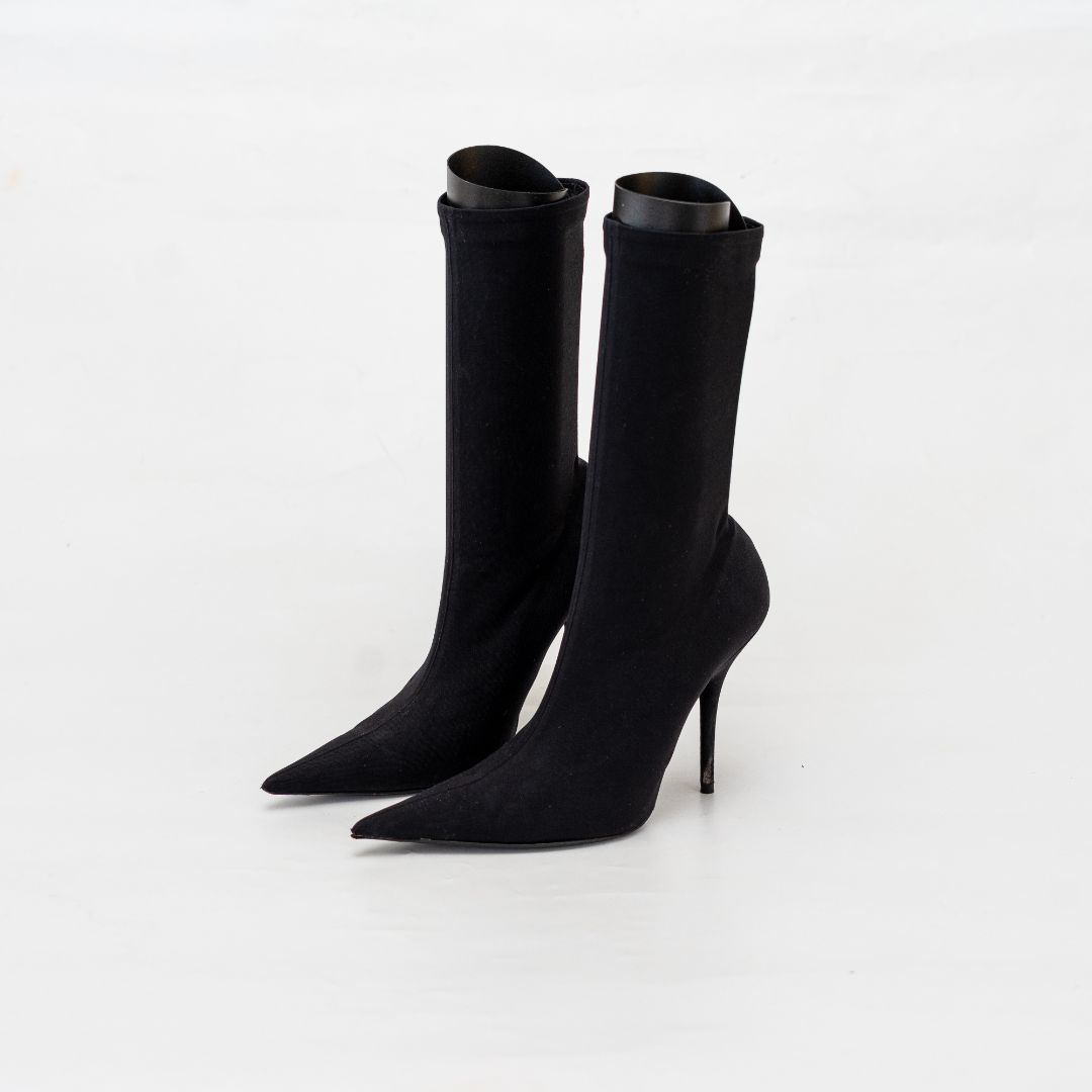 Balenciaga Black Pointed Toe Sock High Heel Boots, 37