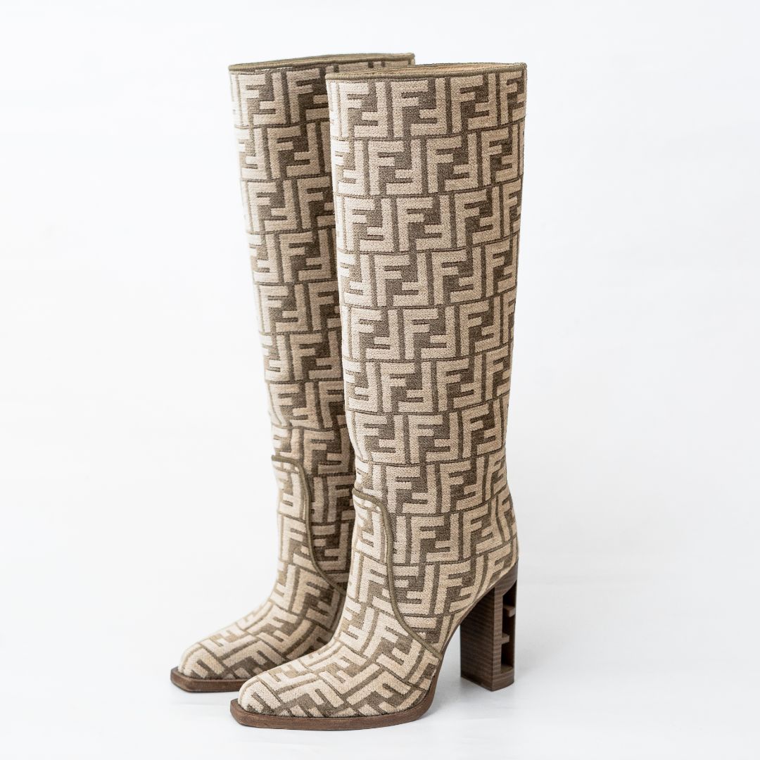 Fendi Beige/White FF Jacquard Chenille Knee Length Boots Size 37