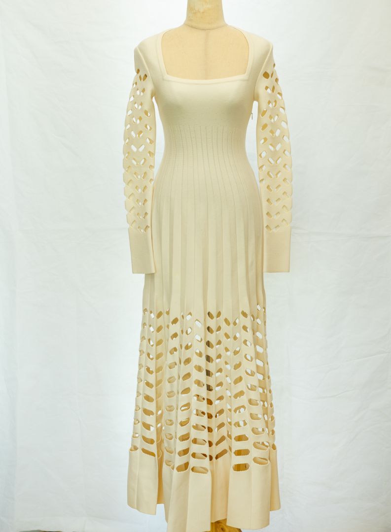 Alaia White Long sleeve Cutout Knit Square Neck Wool Dress - BOPF
