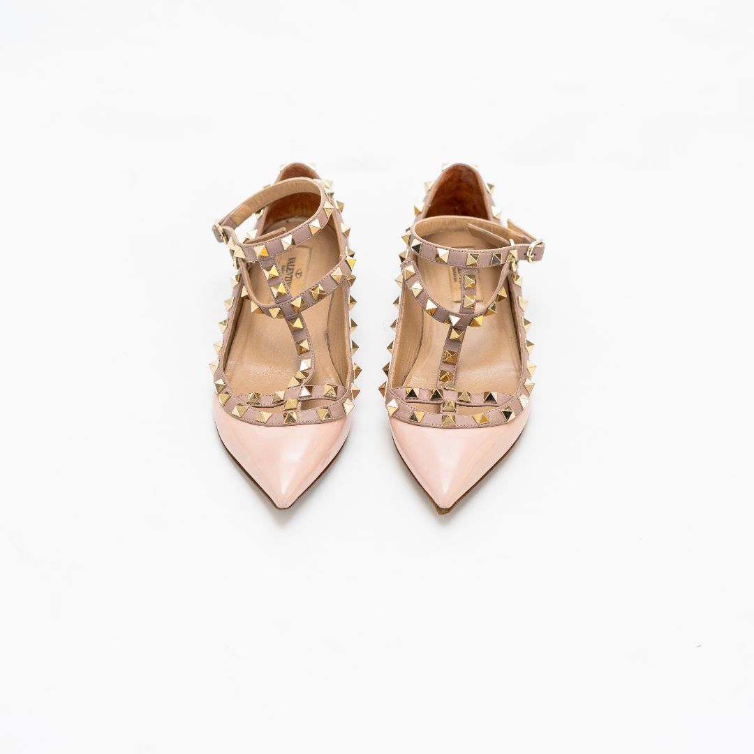 Valentino Beige Patent Leather Rockstud Flats, 37