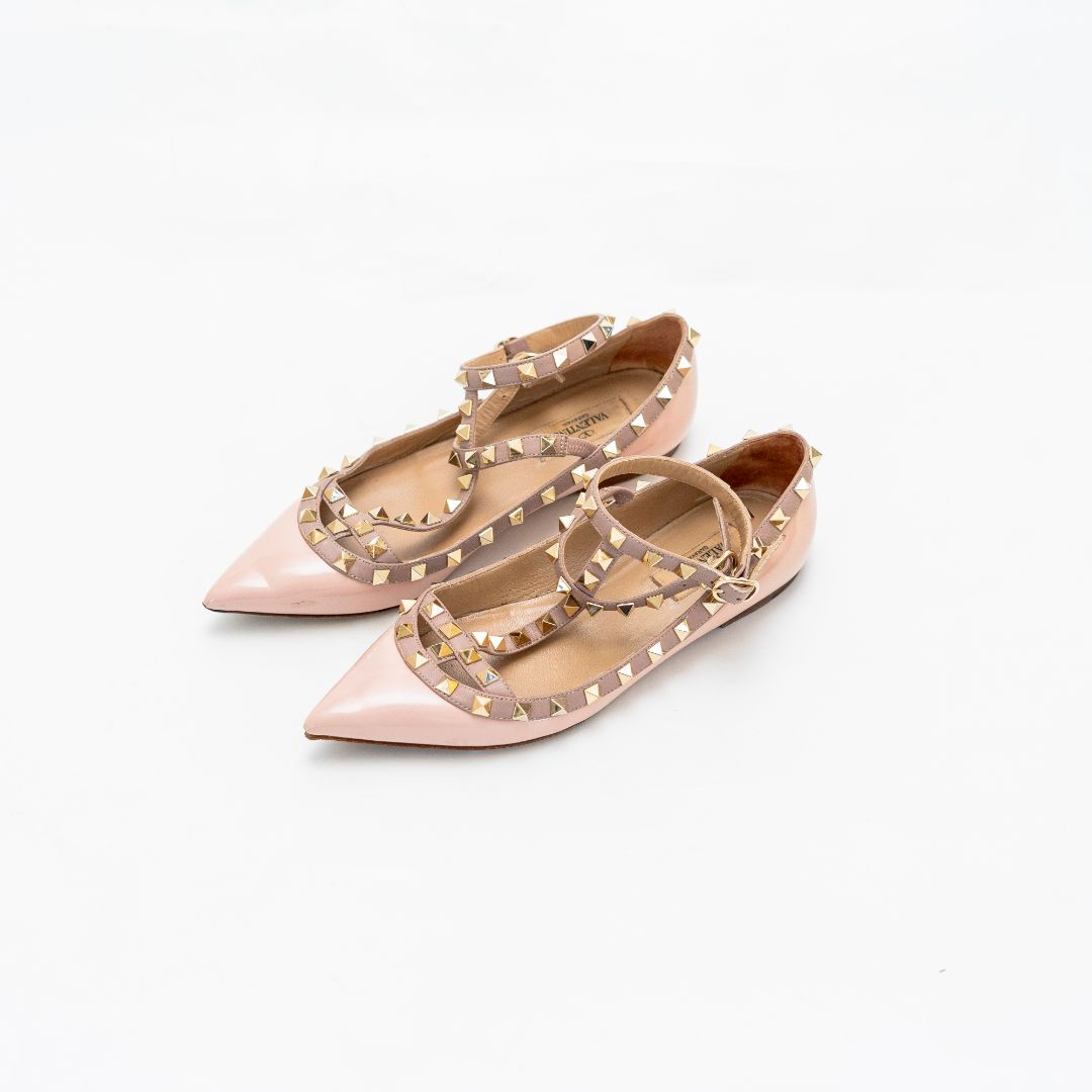 Valentino Beige Patent Leather Rockstud Flats, 37
