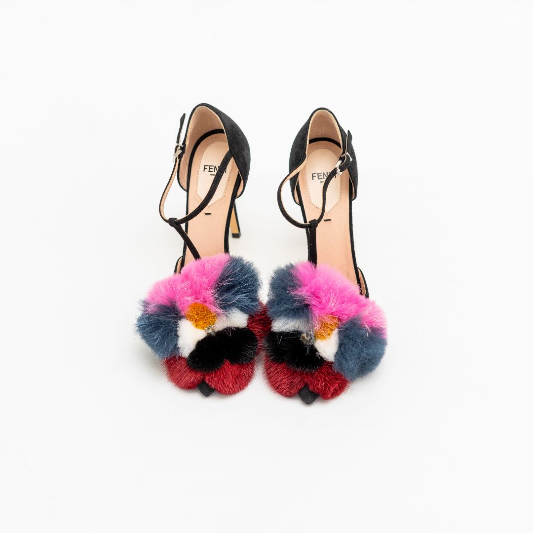 Fendi Black Suede And Multicolor Mink Fur Ankle Strap Pumps, 37