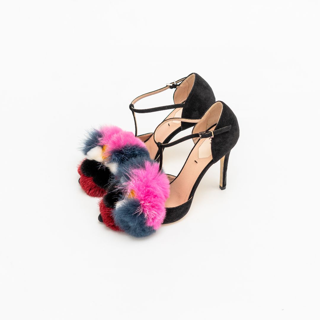 Fendi Black Suede And Multicolor Mink Fur Ankle Strap Pumps, 37