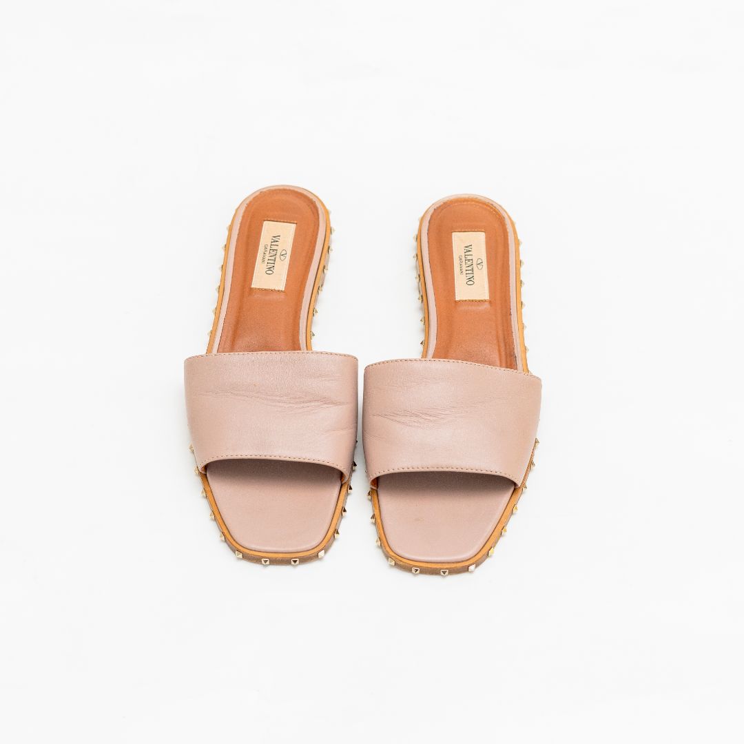 Valentino Beige Leather Soul Rockstud Flat Slides, 37.5