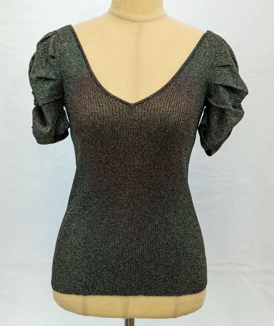 Sandro Metallic Puffed-sleeved Stretch-knit Top In Silver
