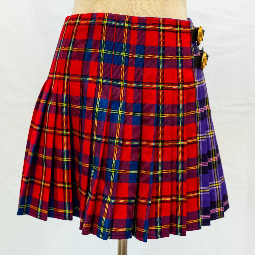 Versace Red, purple plaid multicolor pleated mini skirt