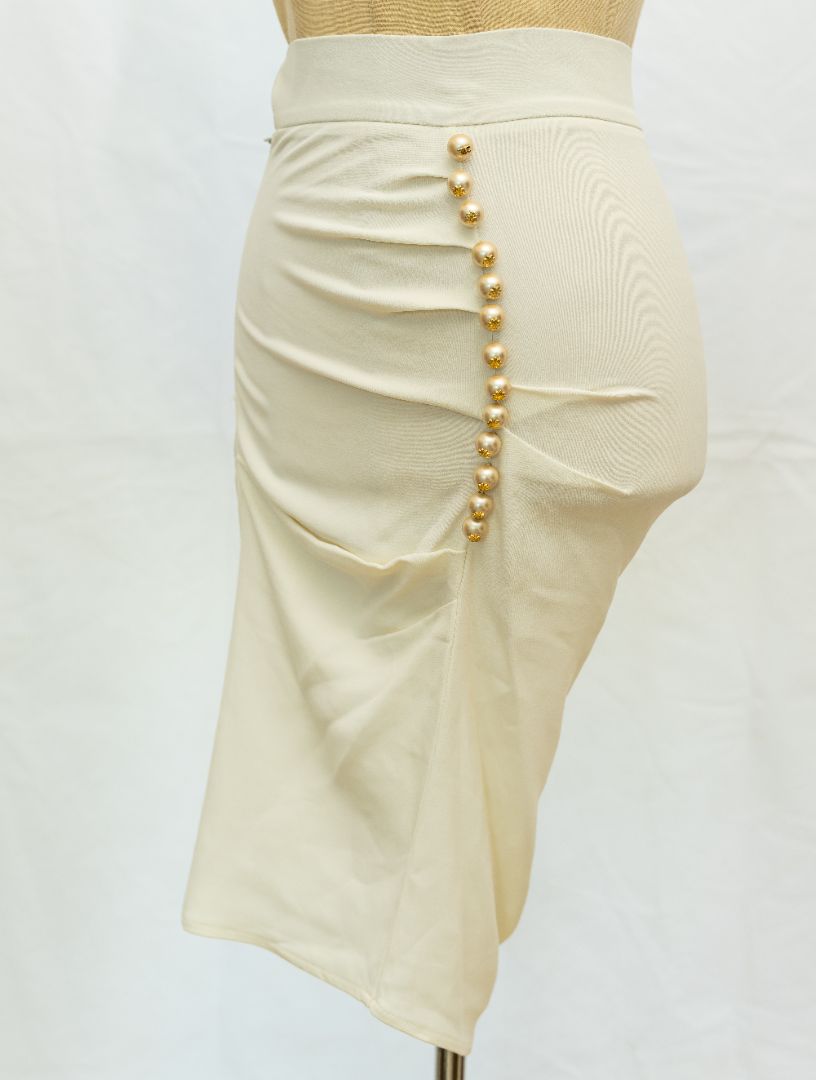 Elisabetta Franchi White Ruched Skirt With Pearl Detail