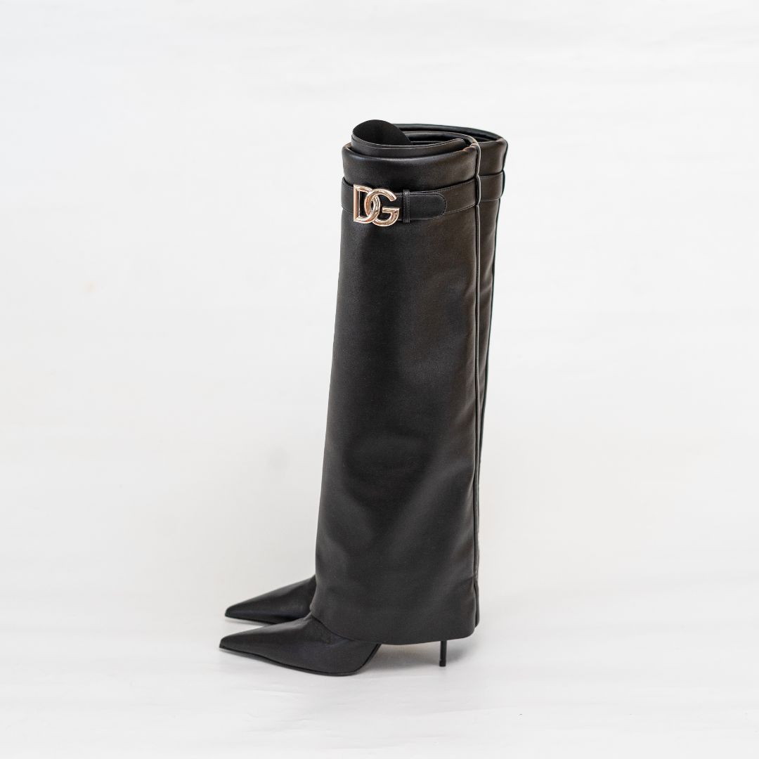 Dolce & Gabbana DG Plaque Pointed-Toe Knee Boots, 37
