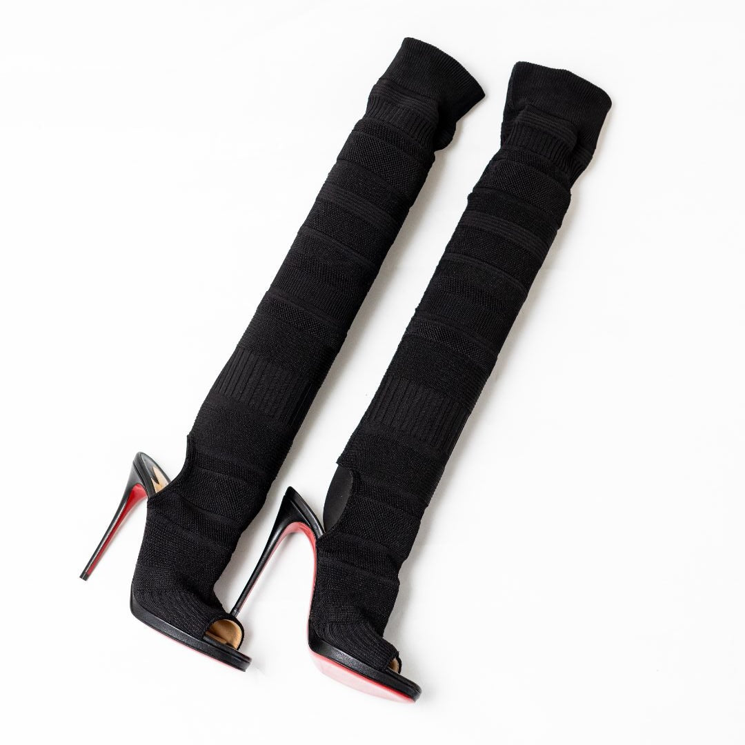 Christian Louboutin Black Knitted Knee High Boots, 37