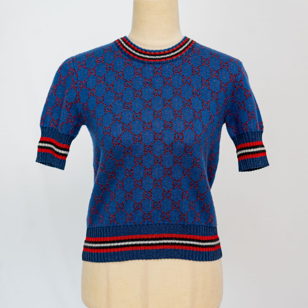 Gucci navy knitted sweater with red Guccicima print