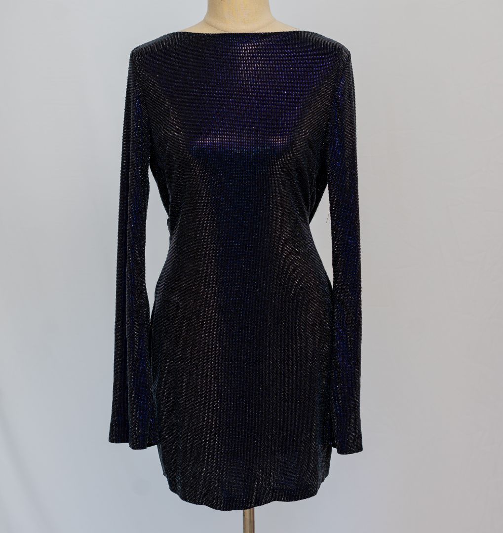 Miron black off-shoulder dress with navy crystals