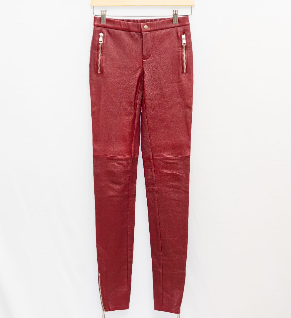 Gucci burgundy leather leggings with zipper pocket