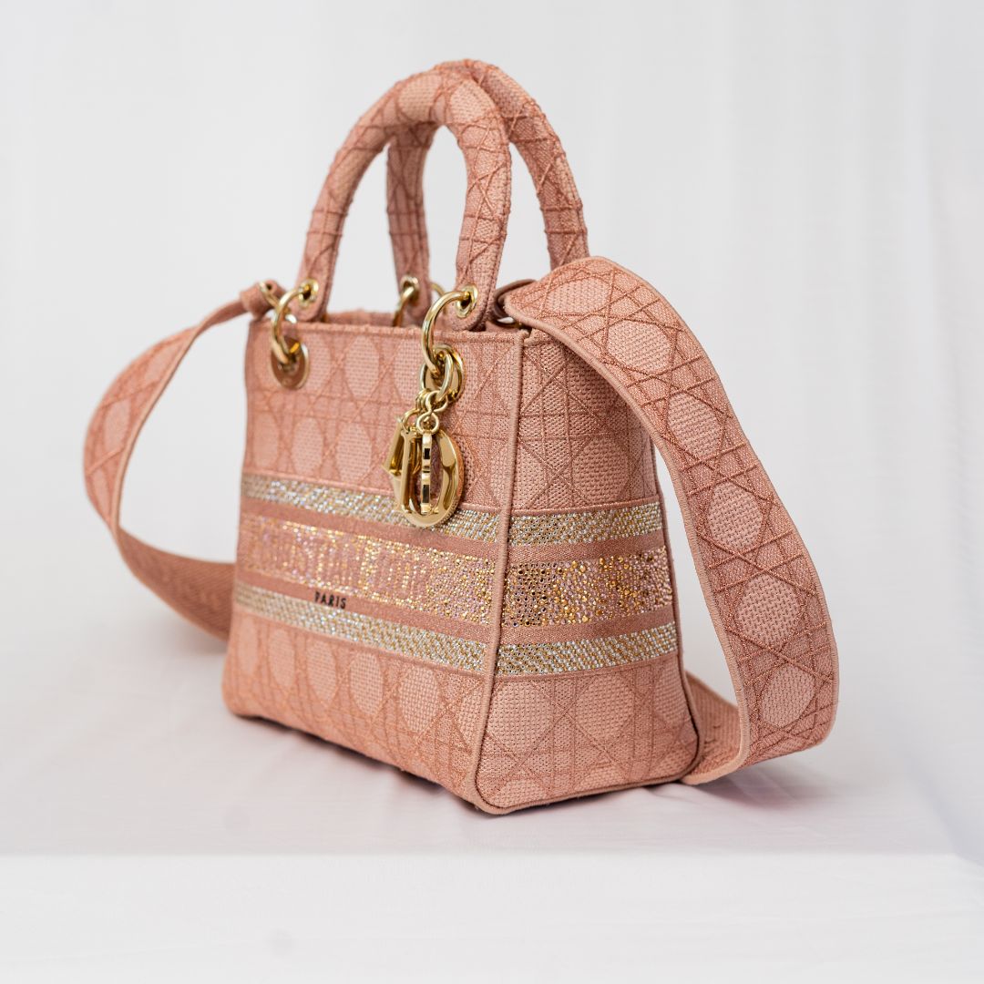 Christian Dior pink cannage stitch crystal embellished lady dior