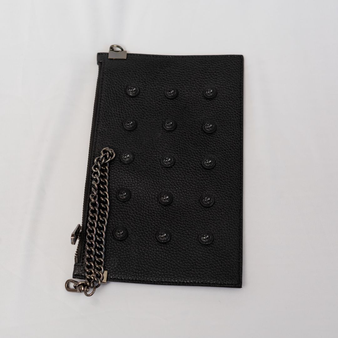Balmain Black Leather Zip Pouch