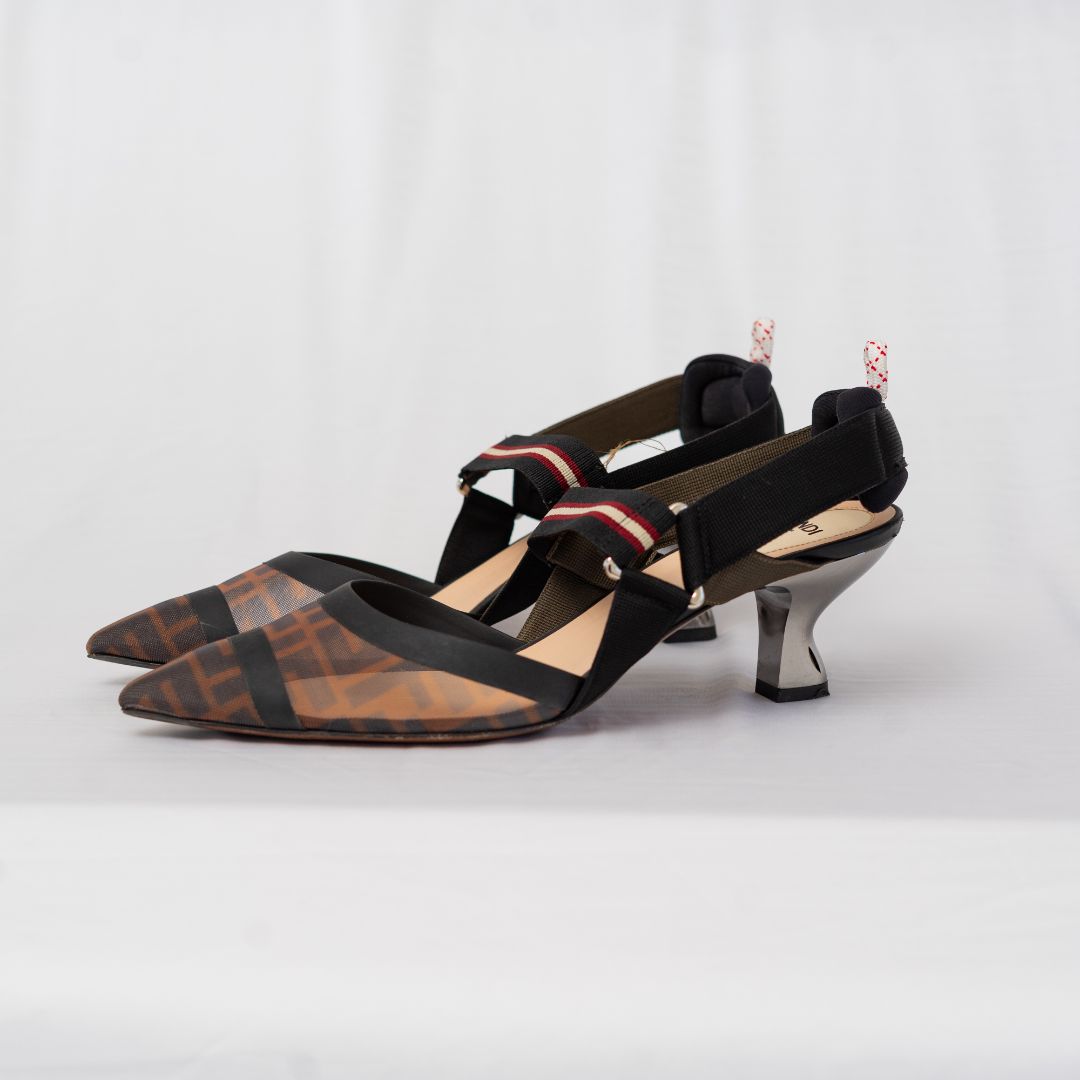 Fendi Brown/Black Zucca Mesh and Fabric Colibri Slingback Pumps,41