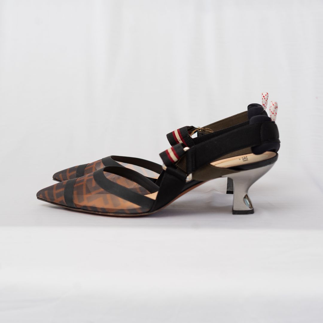 Fendi Brown/Black Zucca Mesh and Fabric Colibri Slingback Pumps,41