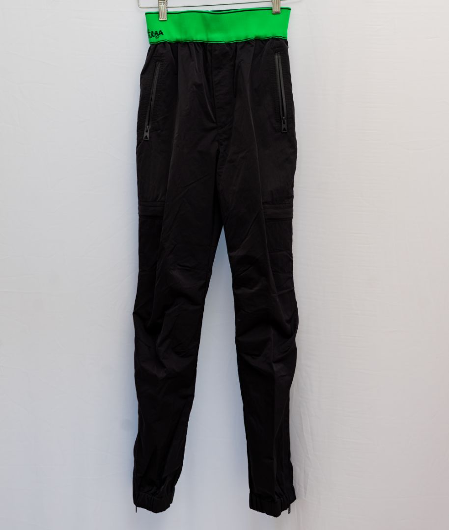 Bottega Veneta Black Nylon Trousers with Green Waistband
