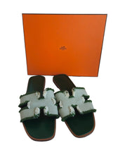 Hermes Green Green/Beige Leather and Canvas Fringe Oran Sandal