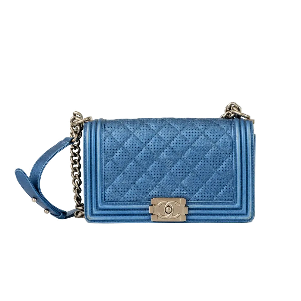 Chanel Blue Perforated Quilted Leather Small Boy Flap Bag