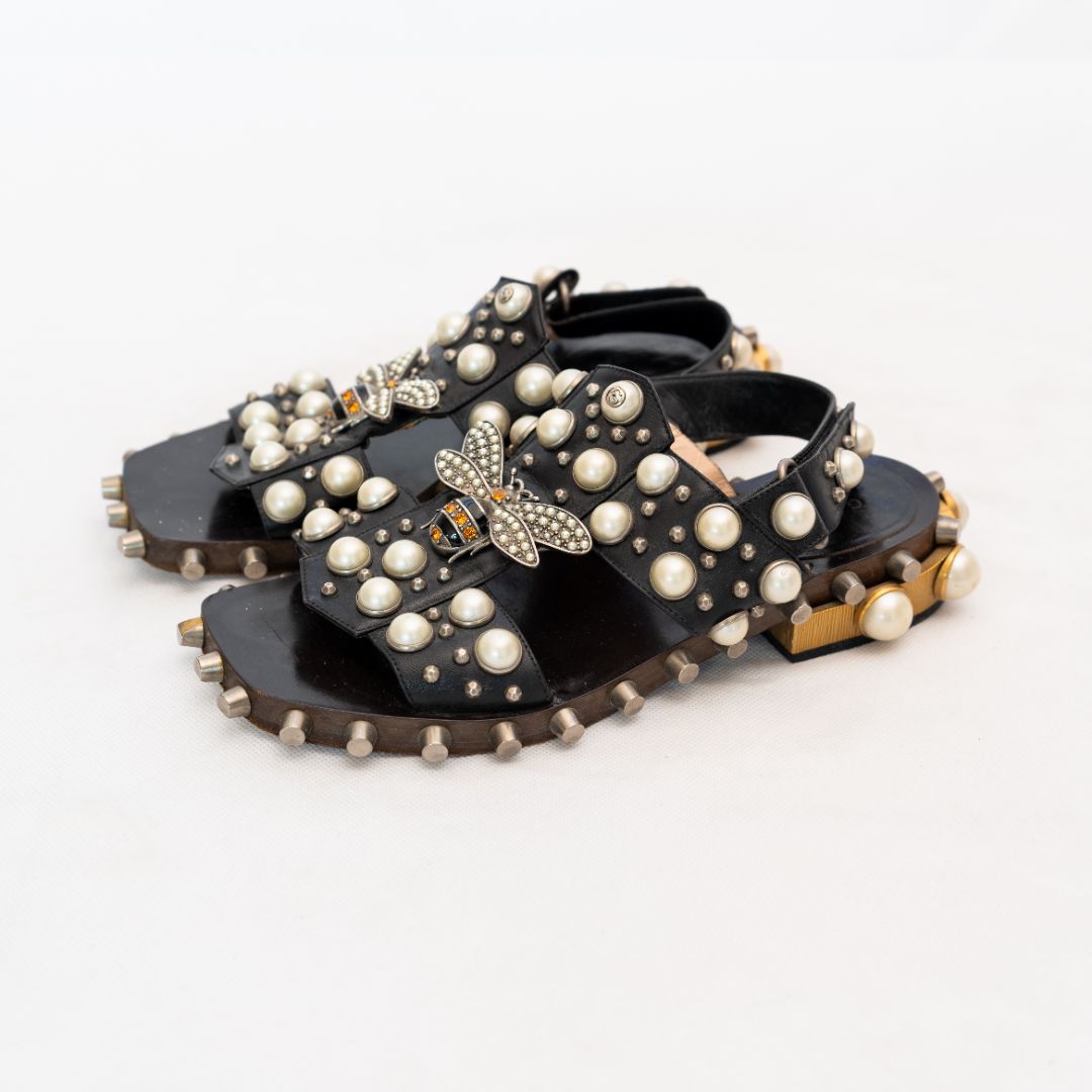 Gucci Pearl and Bee Studded Flat Sandal, 36.5 - BOPF