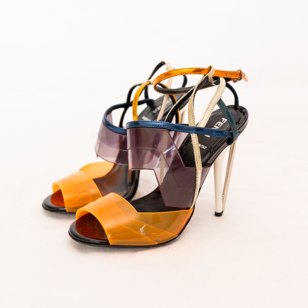 Fendi Orange PVC and Black Leather Sandal Heels  37
