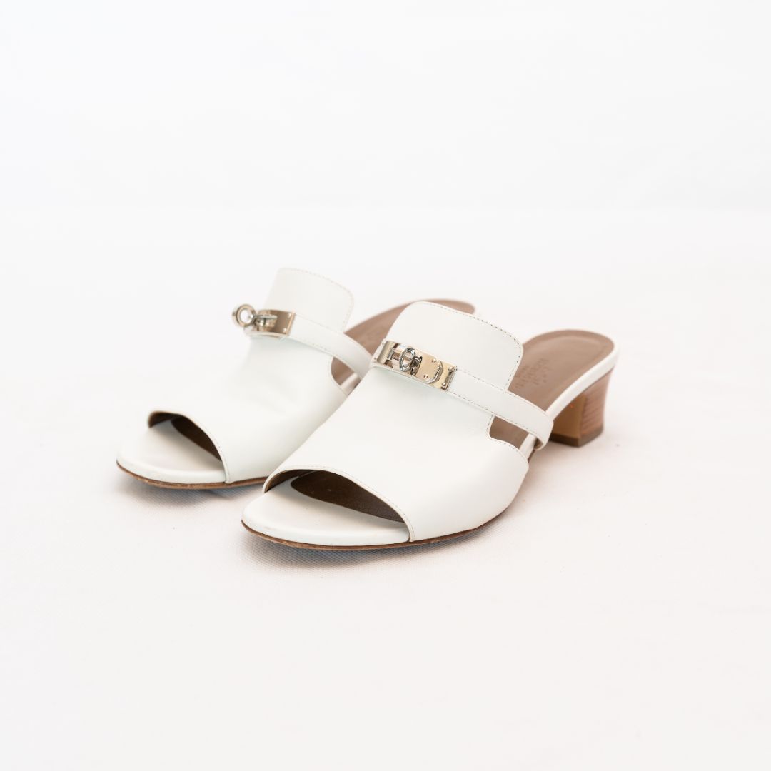 Hermès White Leather Kelly Sandal Mules  38