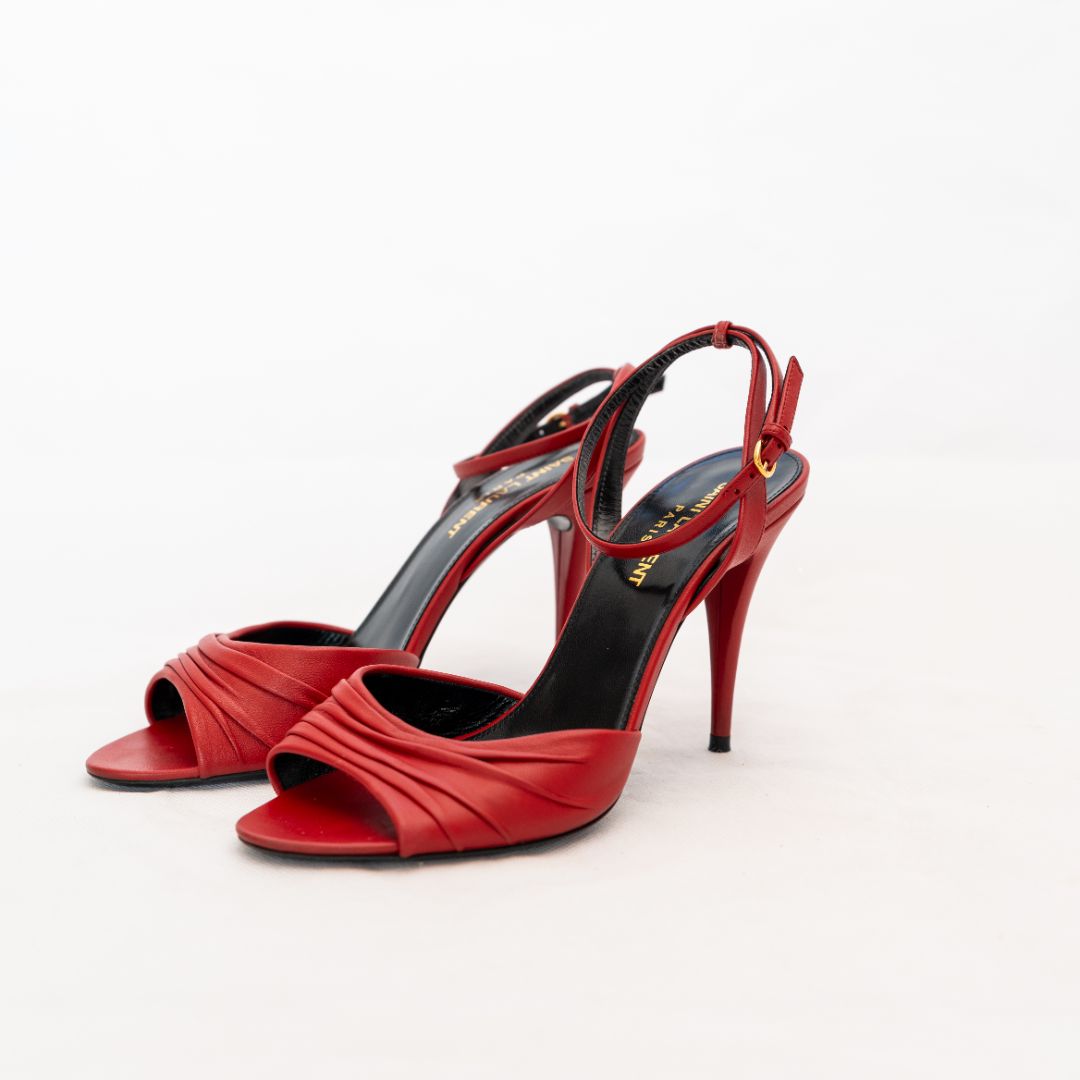 Saint Laurent Red Leather Pleated Mule Sandals, 37
