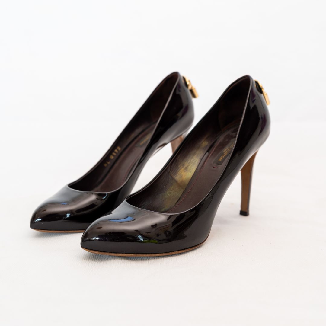 Louis Vuitton Dark Burgundy Patent Leather Lock Pumps, 37