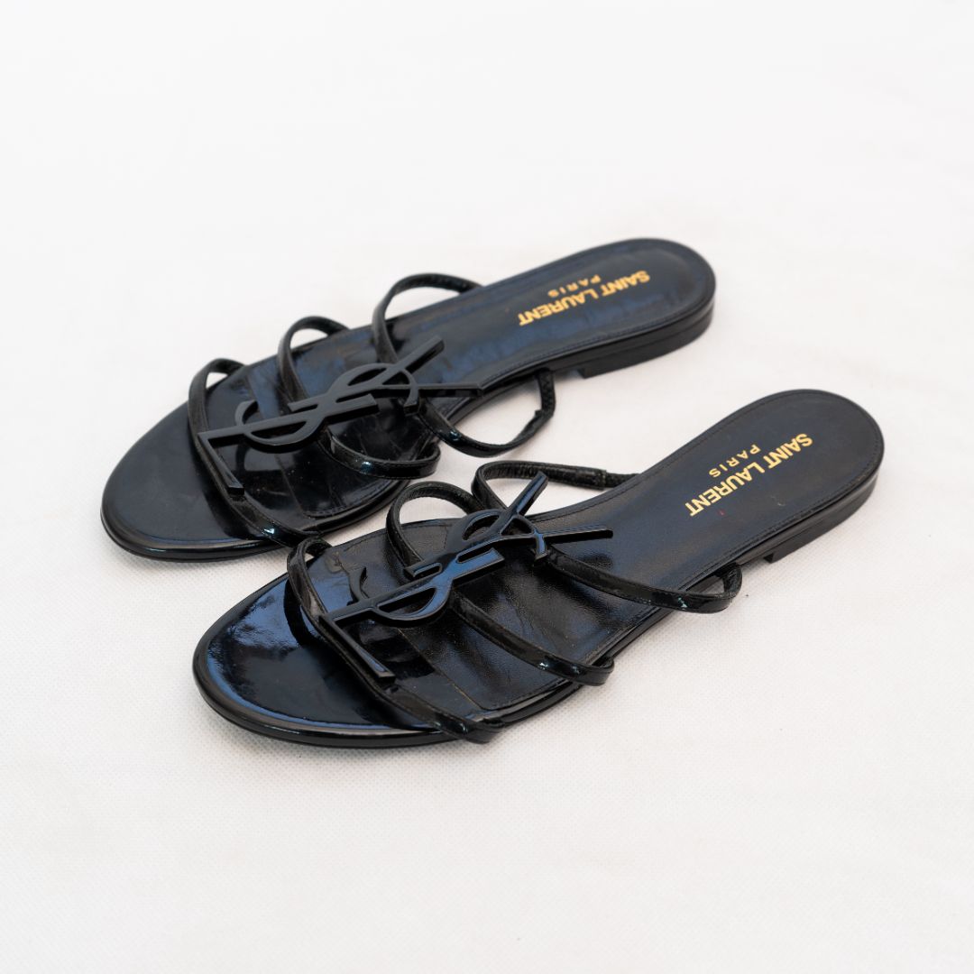 Saint Laurent Black Cassandra Flat Sandals 38 - BOPF Saint Laurent Black Cassandra Flat Sandals 38 - BOPF