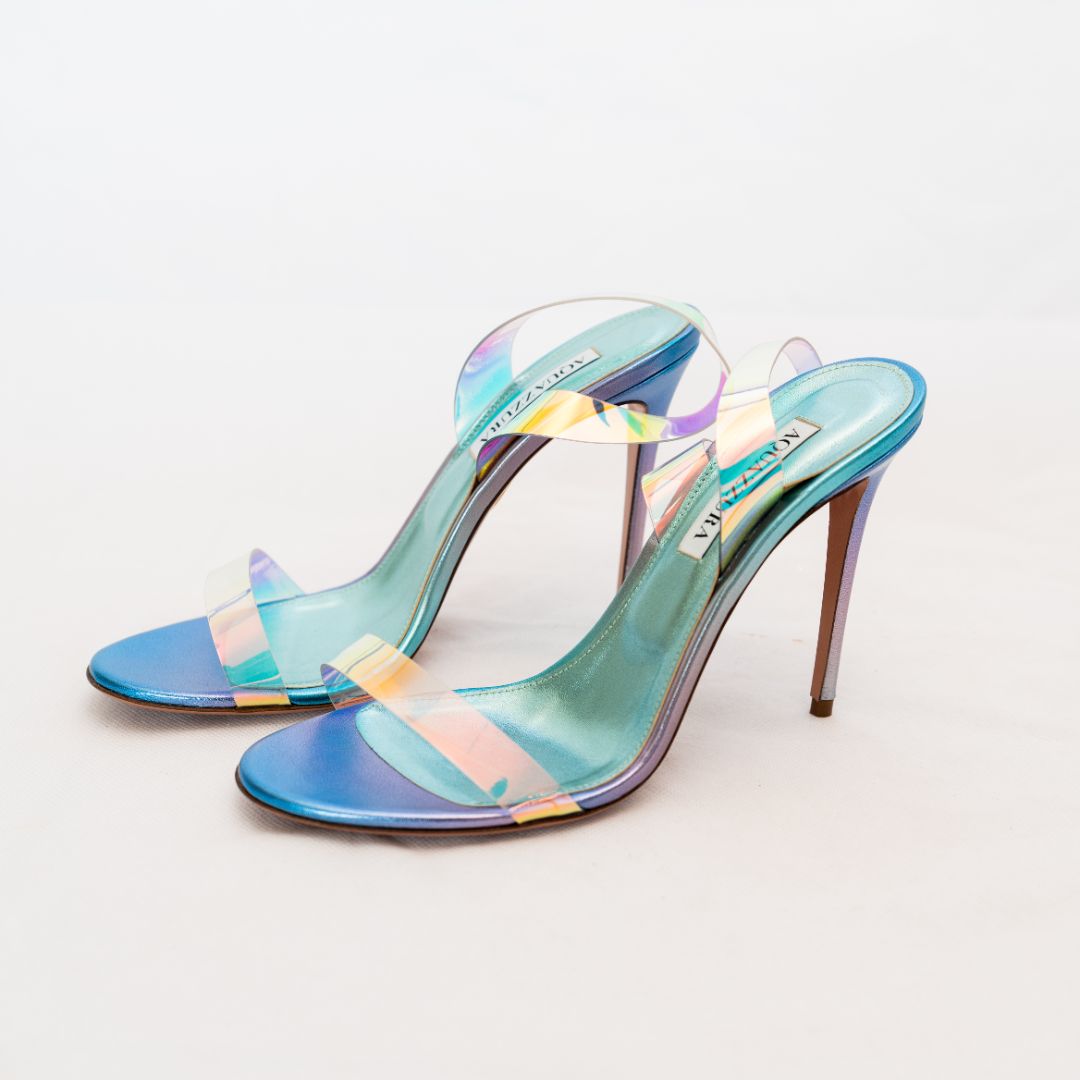 Aquazzura Blue Metallic Strappy Sandal Heels 39 - BOPF