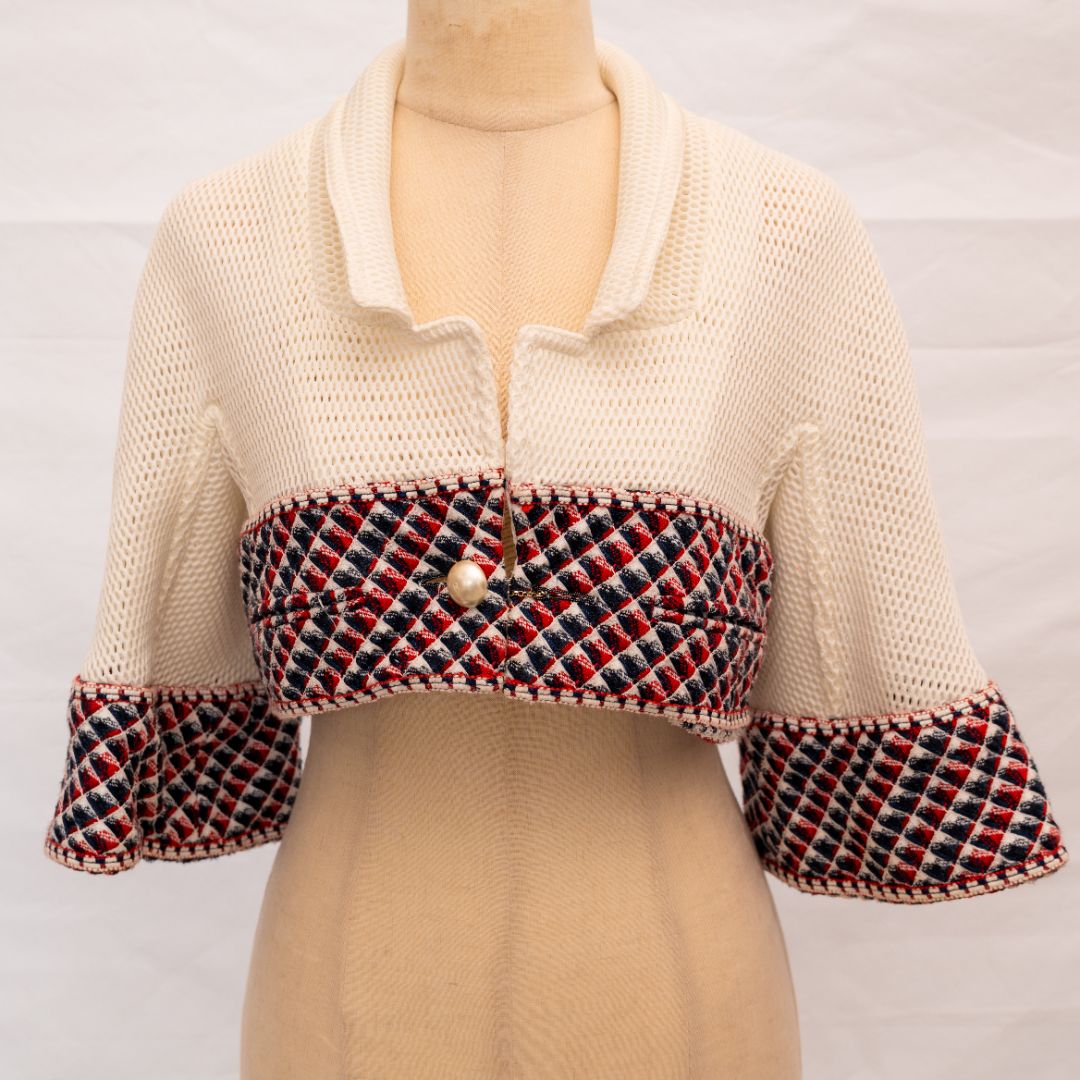 Chanel White Crop Mesh and Tweed Cardigan