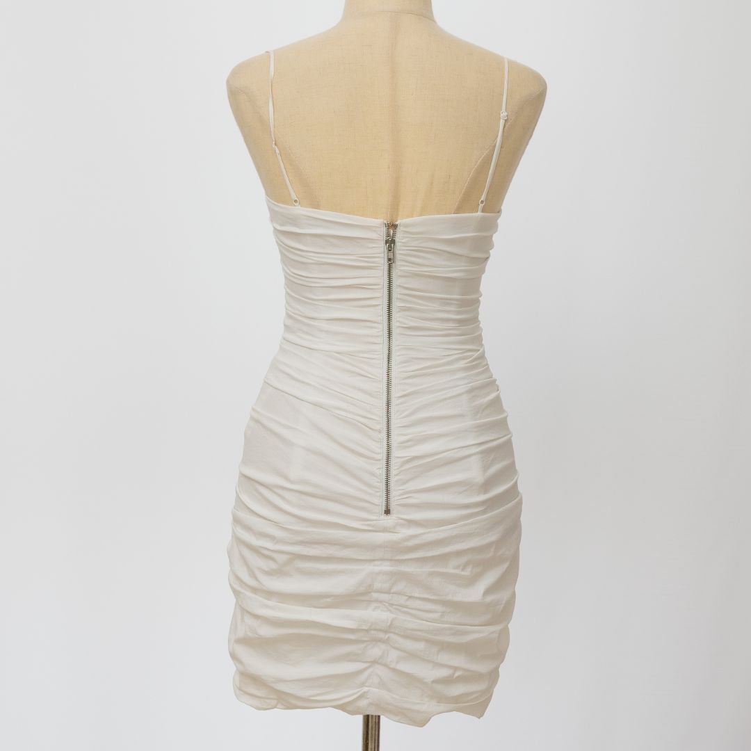 white corset ruched dress Paulette White Ruched Bodycon Mini Dress