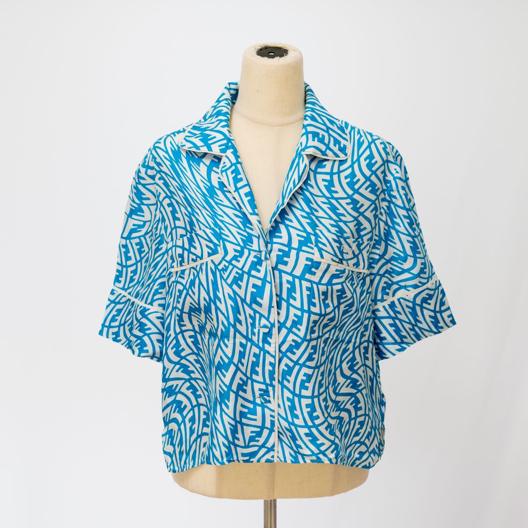 Fendi FF Vertigo blue and white silk shirt